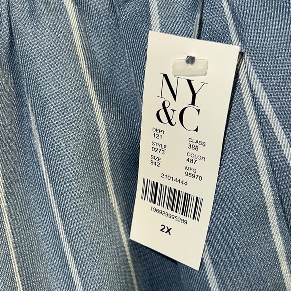 NY&C Skirt Plus 2X Blue White Vertical Stripe Front Slit Ruched Waist Midi NEW - Picture 5 of 13